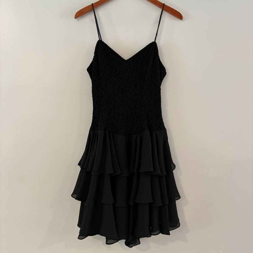 Vtg Late Edition Ltd Dress Lace Tiered Ruffle Mini Cocktail LBD Party Coquette